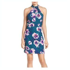 Charles Henry Teal Blue Watercolor Floral Halter Dress